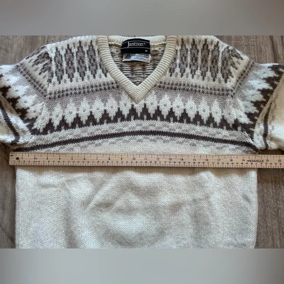 Jantzen pure new wool V-Neck Sweater Cream and Brown fair isle nordic winter - Picture 6 of 8